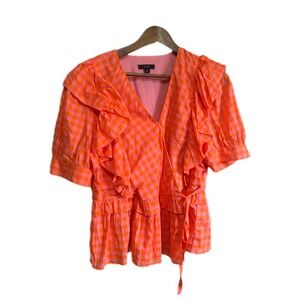 J.Crew Ruffle Wrap Top Women Large Orange Pink Gingham Cotton Excellent Peplum